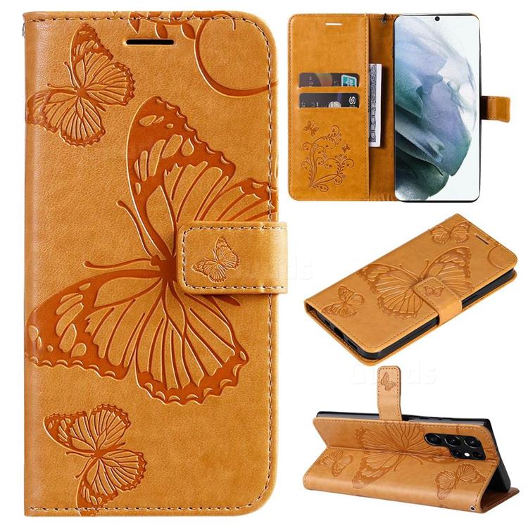 Embossing 3D Butterfly Leather Wallet Case for Samsung Galaxy S22 Ultra - Yellow