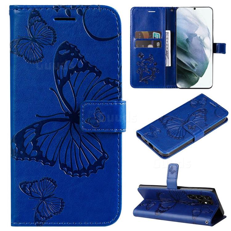 Embossing 3D Butterfly Leather Wallet Case for Samsung Galaxy S22 Ultra - Blue