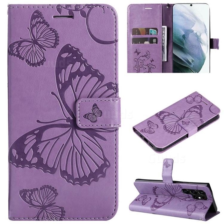 Embossing 3D Butterfly Leather Wallet Case for Samsung Galaxy S22 Ultra - Purple