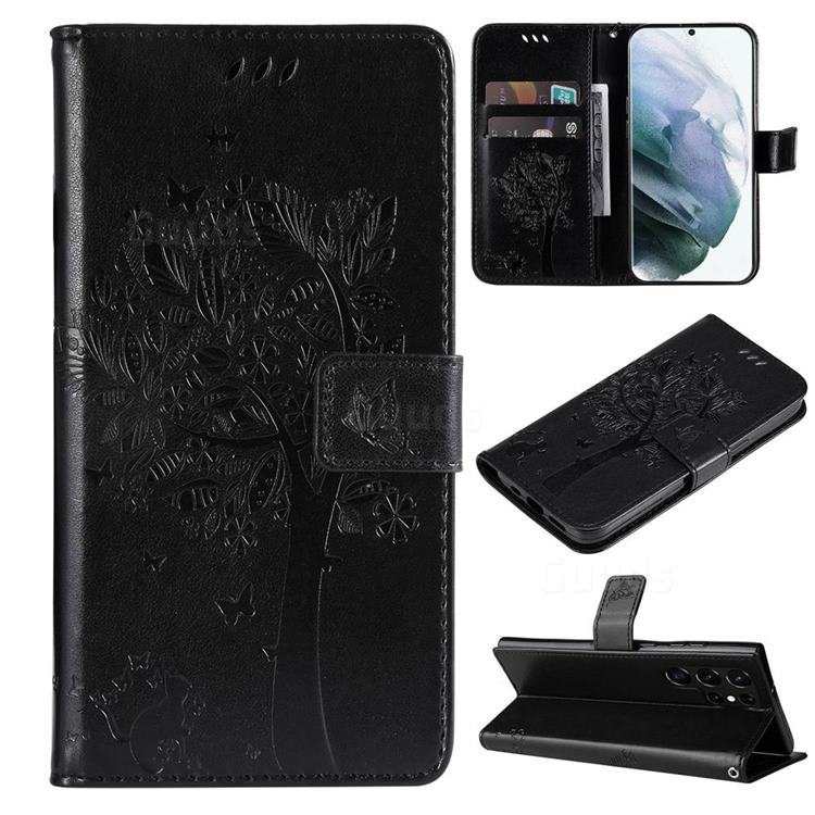 Embossing Butterfly Tree Leather Wallet Case for Samsung Galaxy S22 Ultra - Black