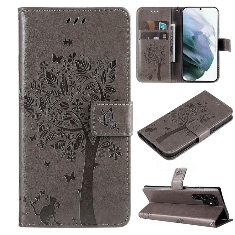 Embossing Butterfly Tree Leather Wallet Case for Samsung Galaxy S22 Ultra - Grey