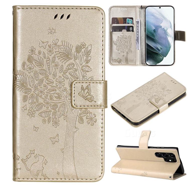 Embossing Butterfly Tree Leather Wallet Case for Samsung Galaxy S22 Ultra - Champagne