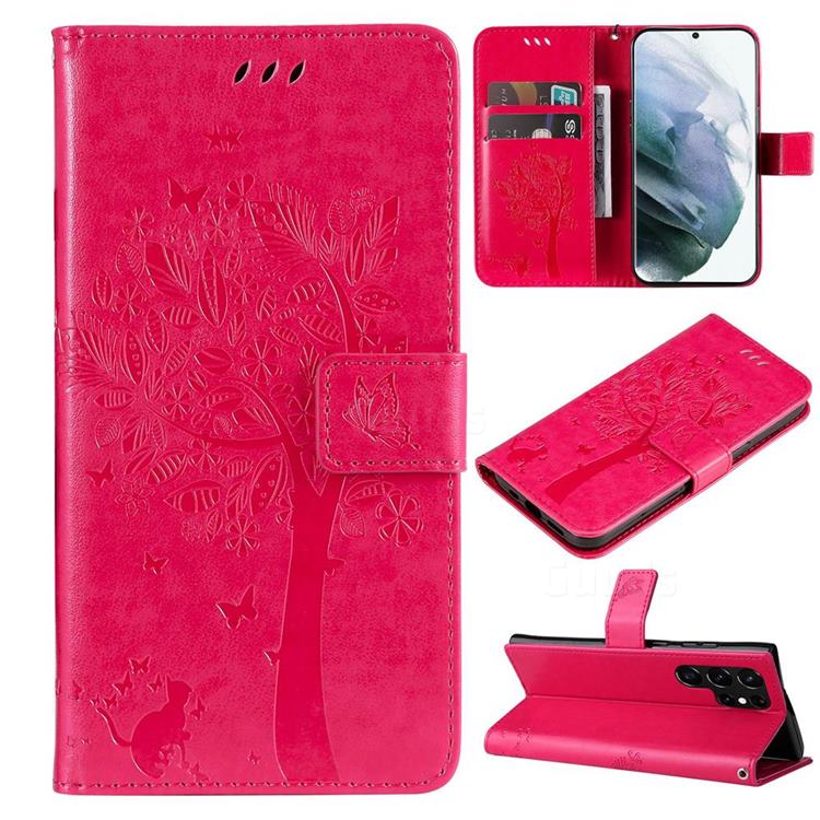 Embossing Butterfly Tree Leather Wallet Case for Samsung Galaxy S22 Ultra - Rose