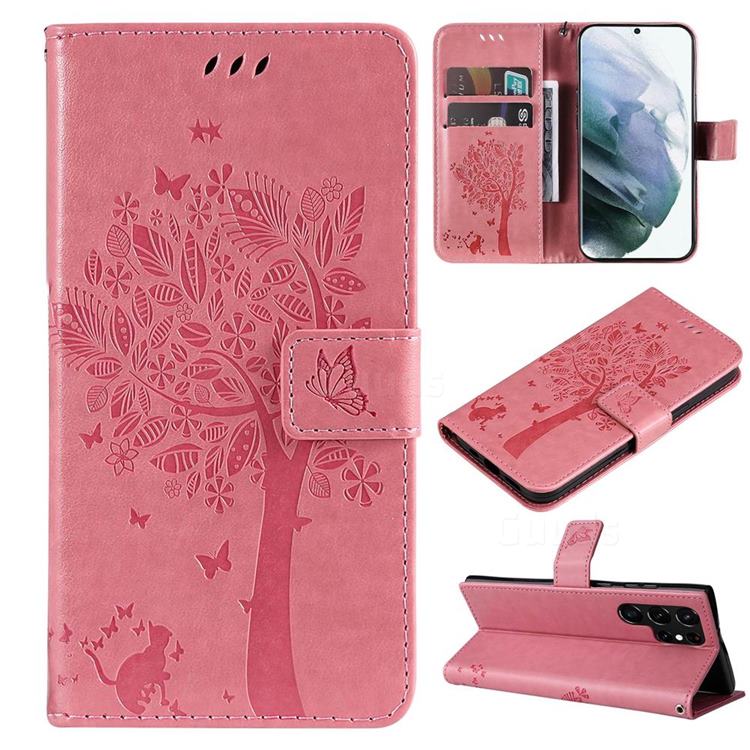 Embossing Butterfly Tree Leather Wallet Case for Samsung Galaxy S22 Ultra - Pink