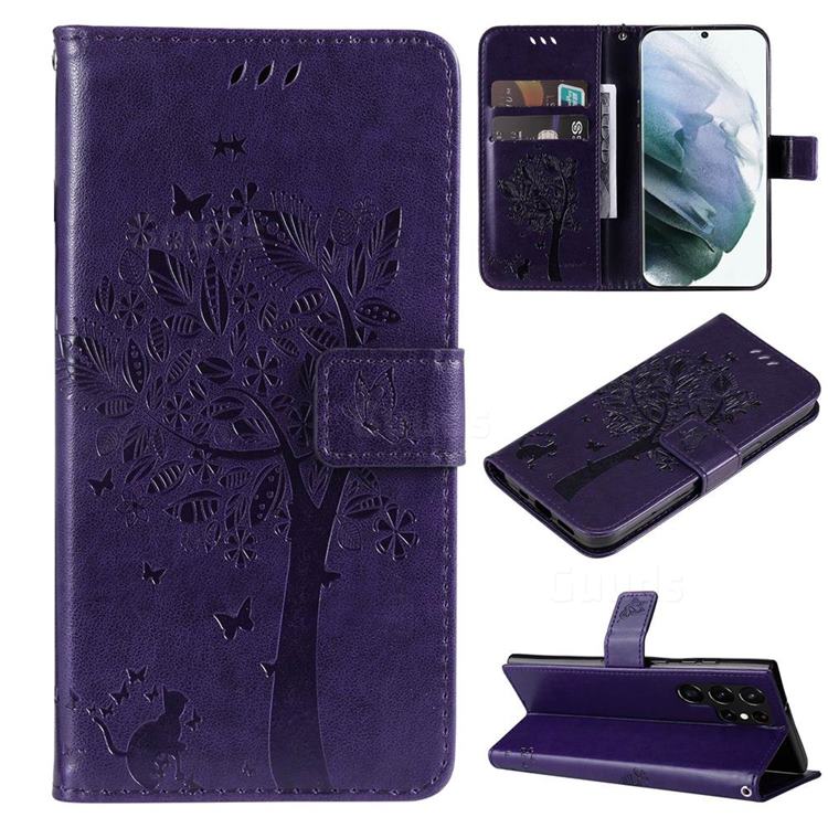 Embossing Butterfly Tree Leather Wallet Case for Samsung Galaxy S22 Ultra - Purple