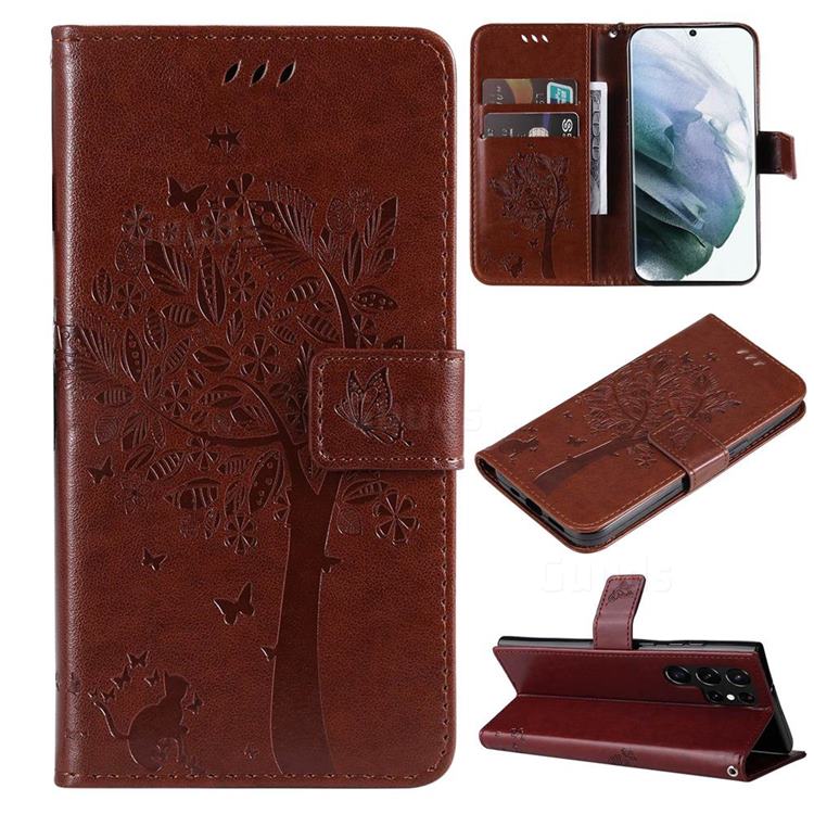 Embossing Butterfly Tree Leather Wallet Case for Samsung Galaxy S22 Ultra - Coffee