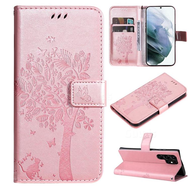 Embossing Butterfly Tree Leather Wallet Case for Samsung Galaxy S22 Ultra - Rose Pink
