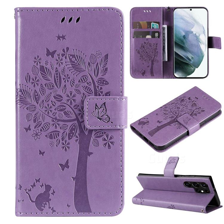 Embossing Butterfly Tree Leather Wallet Case for Samsung Galaxy S22 Ultra - Violet