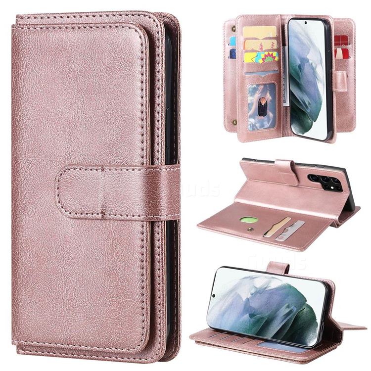 Multi-function Ten Card Slots and Photo Frame PU Leather Wallet Phone Case Cover for Samsung Galaxy S22 Ultra - Rose Gold