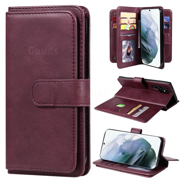 Multi-function Ten Card Slots and Photo Frame PU Leather Wallet Phone Case Cover for Samsung Galaxy S22 Ultra - Claret