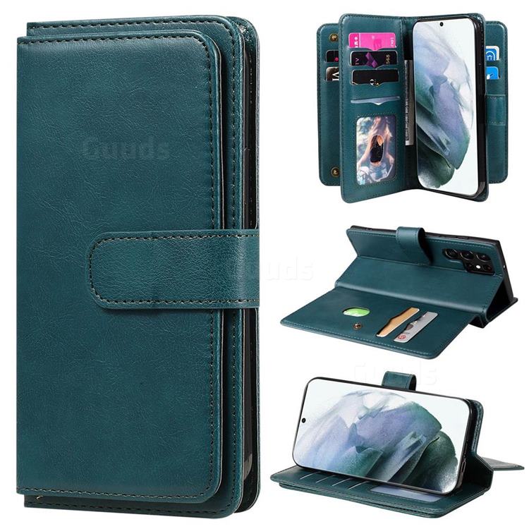 Multi-function Ten Card Slots and Photo Frame PU Leather Wallet Phone Case Cover for Samsung Galaxy S22 Ultra - Dark Green