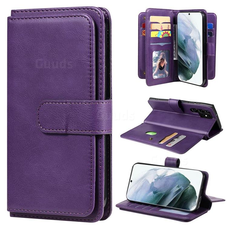 Multi-function Ten Card Slots and Photo Frame PU Leather Wallet Phone Case Cover for Samsung Galaxy S22 Ultra - Violet