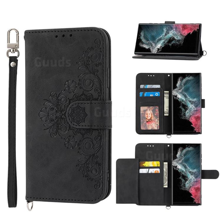 Skin Feel Embossed Lace Flower Multiple Card Slots Leather Wallet Phone Case for Samsung Galaxy S22 Ultra - Black