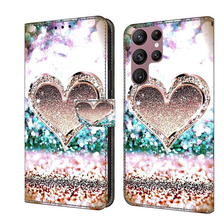 Pink Diamond Heart Crystal PU Leather Protective Wallet Case Cover for Samsung Galaxy S22 Ultra