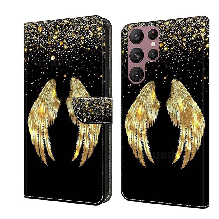 Golden Angel Wings Crystal PU Leather Protective Wallet Case Cover for Samsung Galaxy S22 Ultra