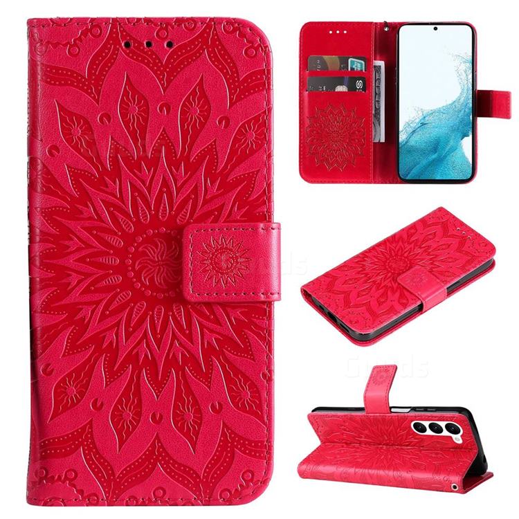 Embossing Sunflower Leather Wallet Case for Samsung Galaxy S23 - Red