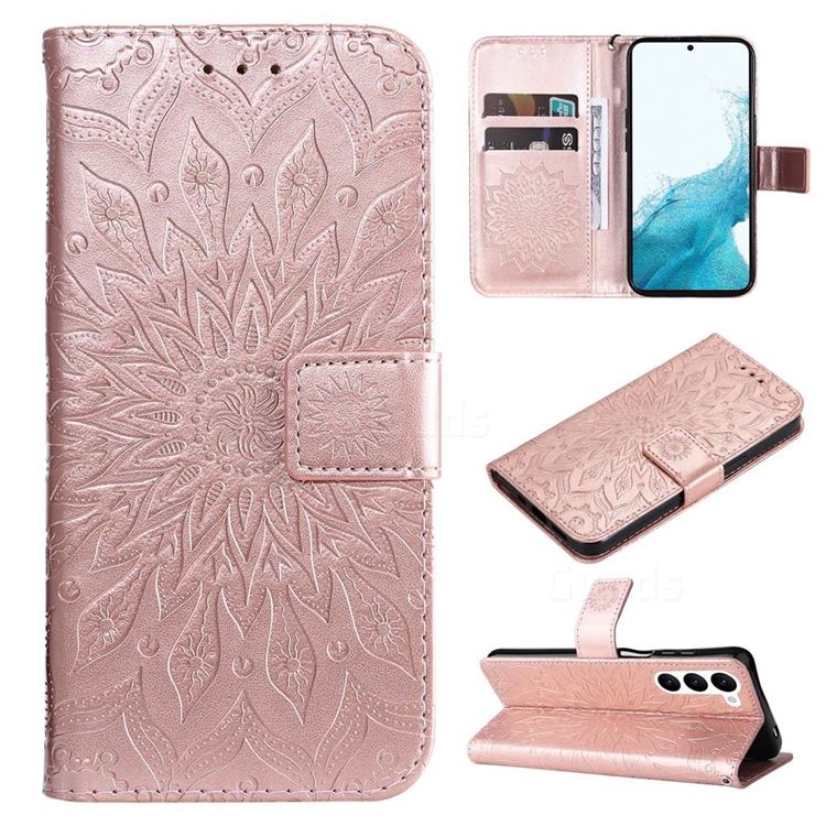Embossing Sunflower Leather Wallet Case for Samsung Galaxy S23 - Rose Gold
