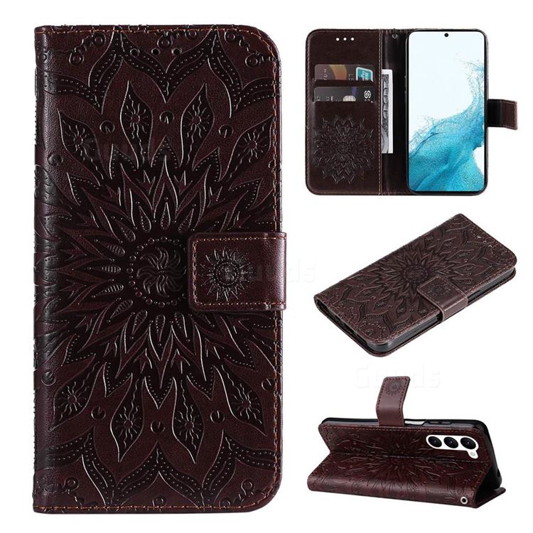 Embossing Sunflower Leather Wallet Case for Samsung Galaxy S23 - Brown