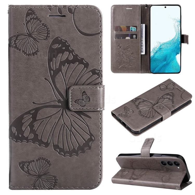 Embossing 3D Butterfly Leather Wallet Case for Samsung Galaxy S23 - Gray
