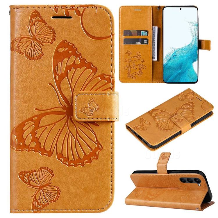 Embossing 3D Butterfly Leather Wallet Case for Samsung Galaxy S23 - Yellow