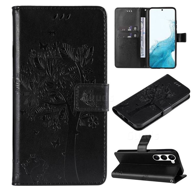 Embossing Butterfly Tree Leather Wallet Case for Samsung Galaxy S23 - Black