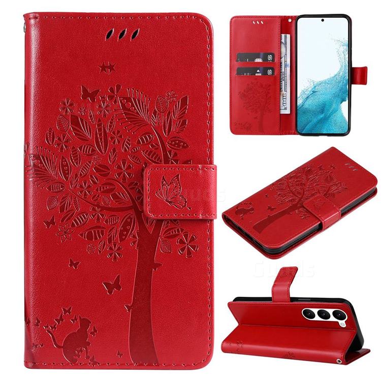 Embossing Butterfly Tree Leather Wallet Case for Samsung Galaxy S23 - Red