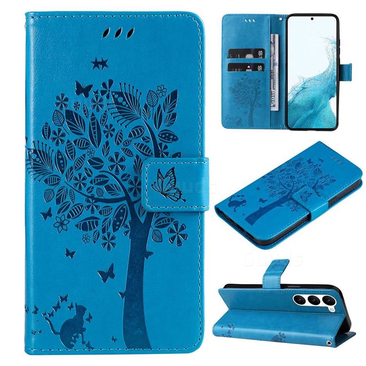 Embossing Butterfly Tree Leather Wallet Case for Samsung Galaxy S23 - Blue