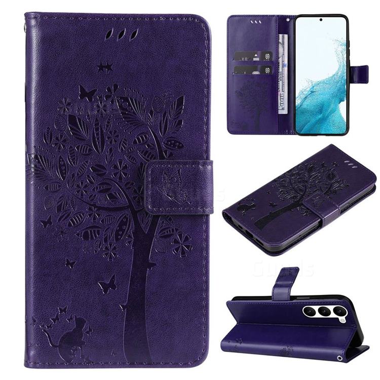Embossing Butterfly Tree Leather Wallet Case for Samsung Galaxy S23 - Purple