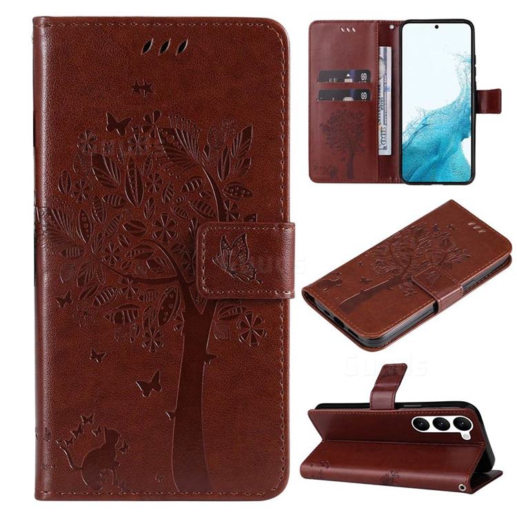 Embossing Butterfly Tree Leather Wallet Case for Samsung Galaxy S23 - Coffee