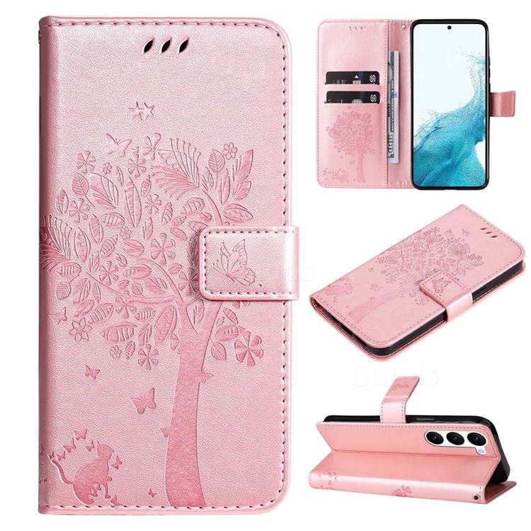 Embossing Butterfly Tree Leather Wallet Case for Samsung Galaxy S23 - Rose Pink
