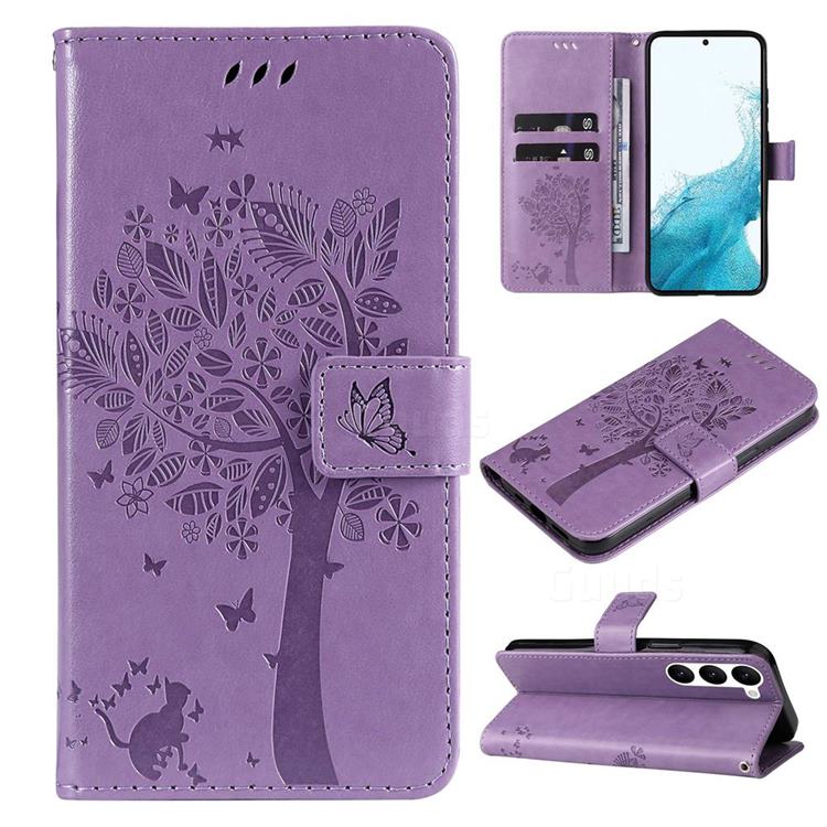 Embossing Butterfly Tree Leather Wallet Case for Samsung Galaxy S23 - Violet