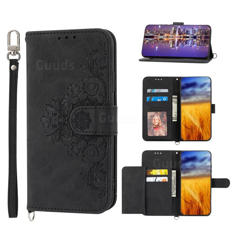 Skin Feel Embossed Lace Flower Multiple Card Slots Leather Wallet Phone Case for Samsung Galaxy S23 - Black