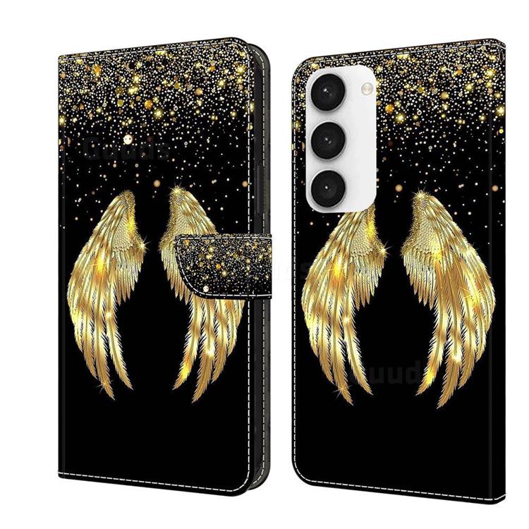 Golden Angel Wings Crystal PU Leather Protective Wallet Case Cover for Samsung Galaxy S23