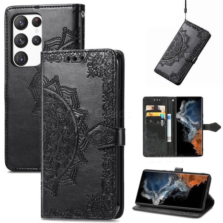 Embossing Imprint Mandala Flower Leather Wallet Case for Samsung Galaxy S23 - Black