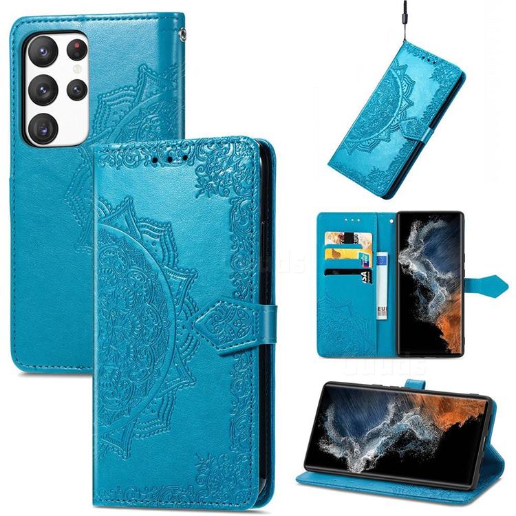 Embossing Imprint Mandala Flower Leather Wallet Case for Samsung Galaxy S23 - Blue