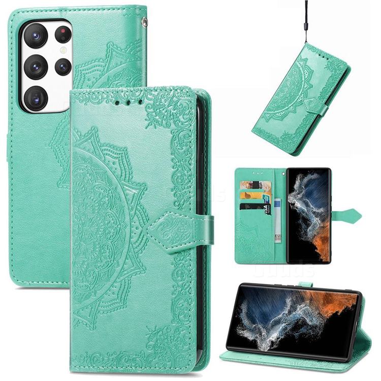 Embossing Imprint Mandala Flower Leather Wallet Case for Samsung Galaxy S23 - Green