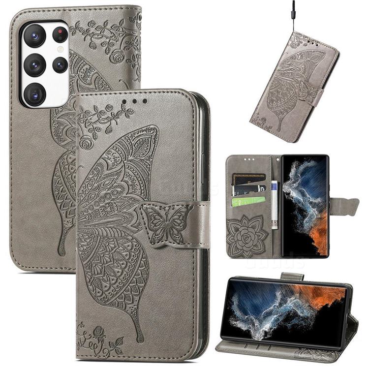 Embossing Mandala Flower Butterfly Leather Wallet Case for Samsung Galaxy S23 - Gray
