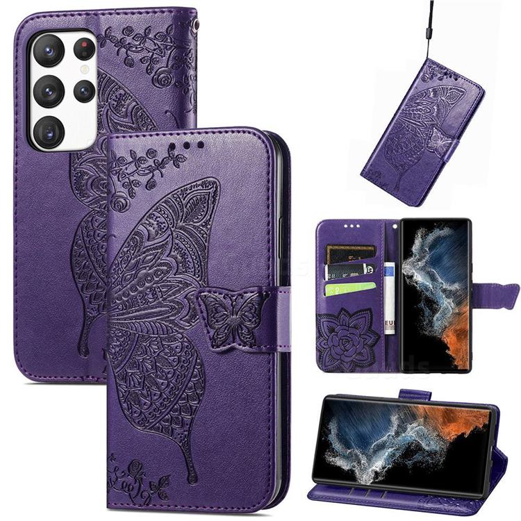 Embossing Mandala Flower Butterfly Leather Wallet Case for Samsung Galaxy S23 - Dark Purple