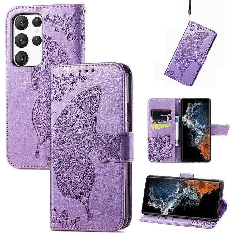 Embossing Mandala Flower Butterfly Leather Wallet Case for Samsung Galaxy S23 - Light Purple