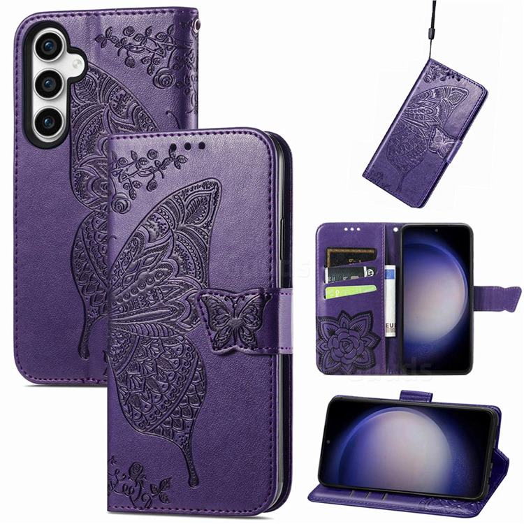 Embossing Mandala Flower Butterfly Leather Wallet Case for Samsung Galaxy S23 FE - Dark Purple