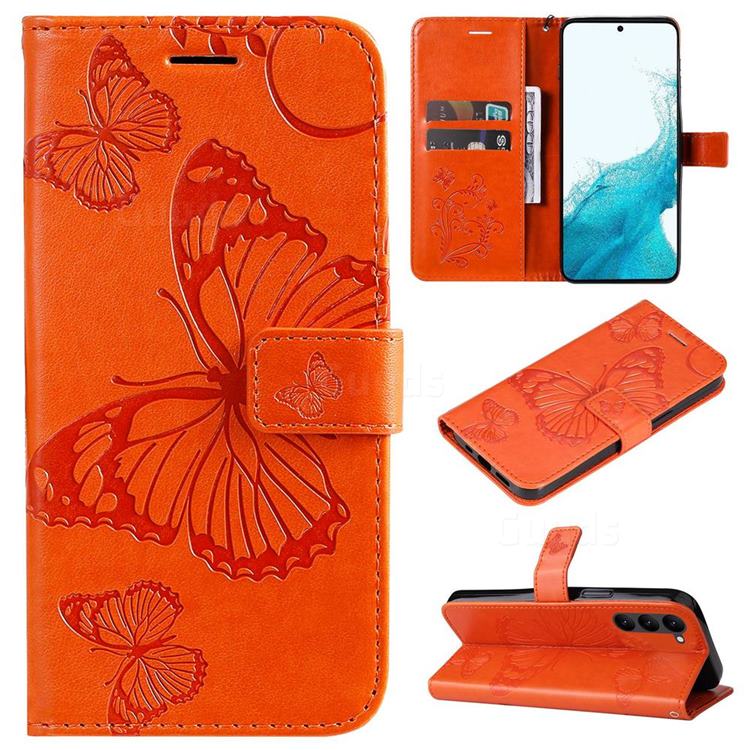 Embossing 3D Butterfly Leather Wallet Case for Samsung Galaxy S23 Plus - Orange