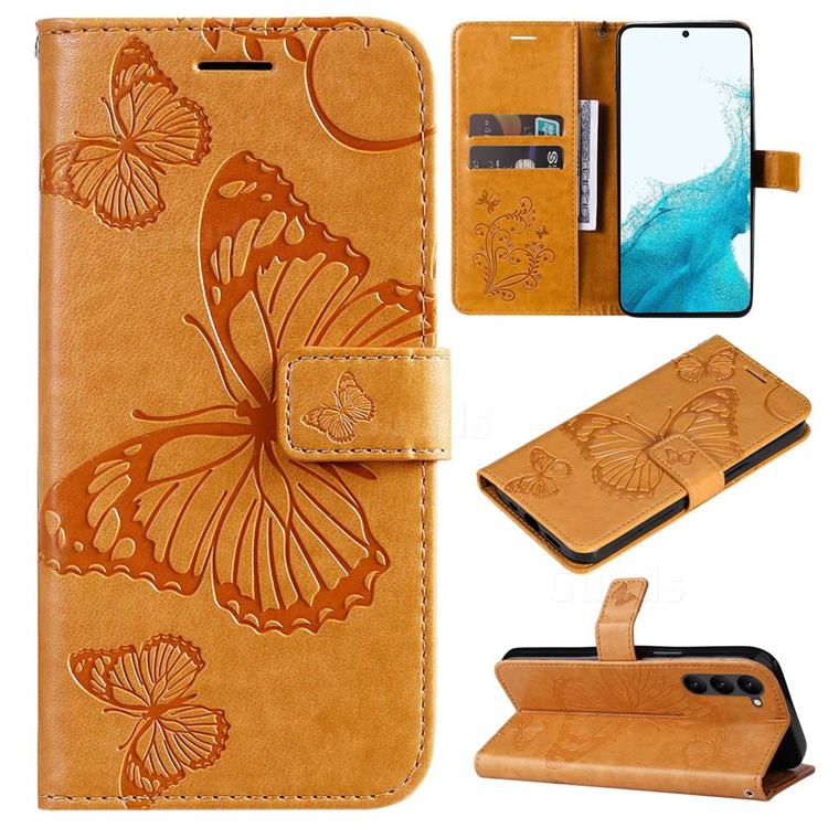 Embossing 3D Butterfly Leather Wallet Case for Samsung Galaxy S23 Plus - Yellow