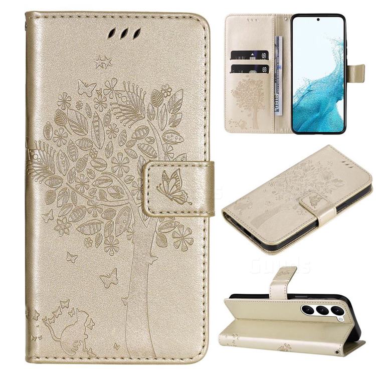 Embossing Butterfly Tree Leather Wallet Case for Samsung Galaxy S23 Plus - Champagne