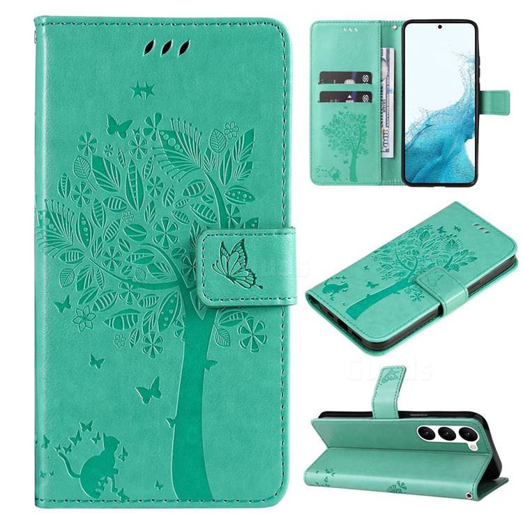 Embossing Butterfly Tree Leather Wallet Case for Samsung Galaxy S23 Plus - Cyan