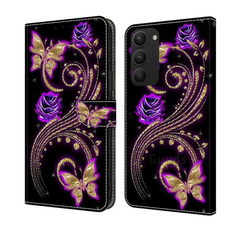 Purple Flower Butterfly Crystal PU Leather Protective Wallet Case Cover for Samsung Galaxy S23 Plus