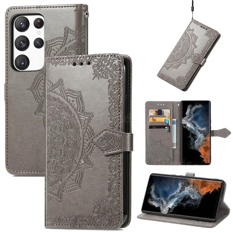 Embossing Imprint Mandala Flower Leather Wallet Case for Samsung Galaxy S23 Plus - Gray