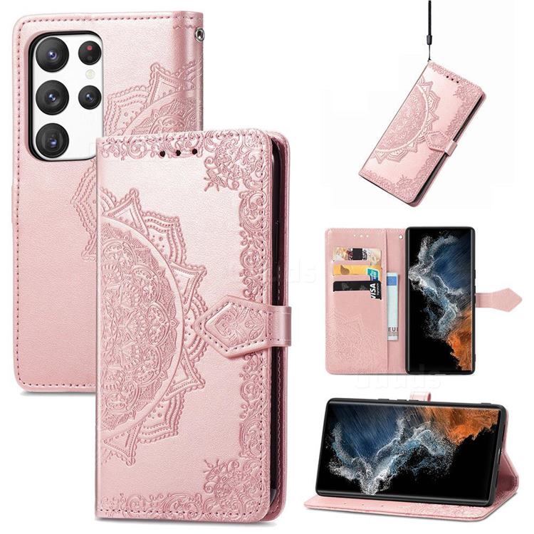 Embossing Imprint Mandala Flower Leather Wallet Case for Samsung Galaxy S23 Plus - Rose Gold