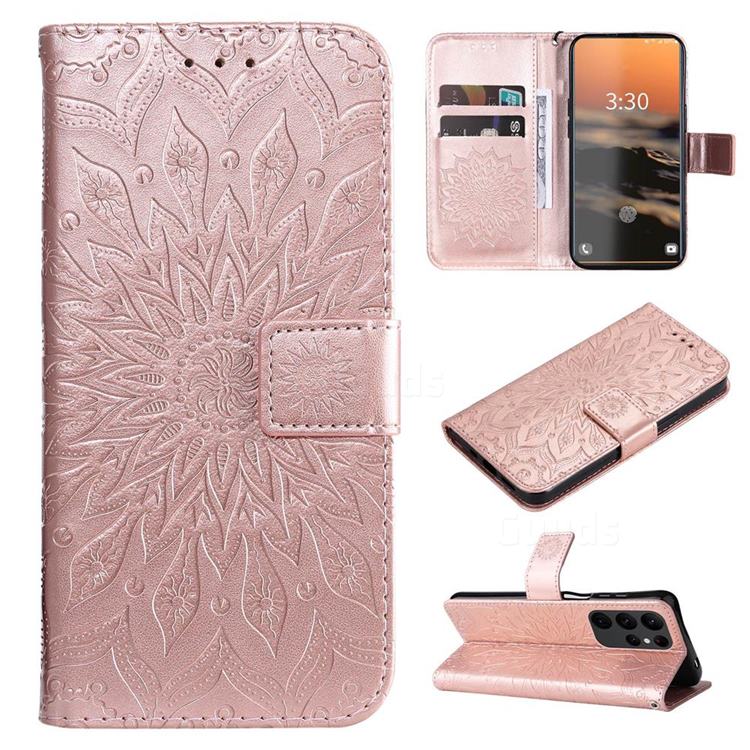 Embossing Sunflower Leather Wallet Case for Samsung Galaxy S23 Ultra - Rose Gold