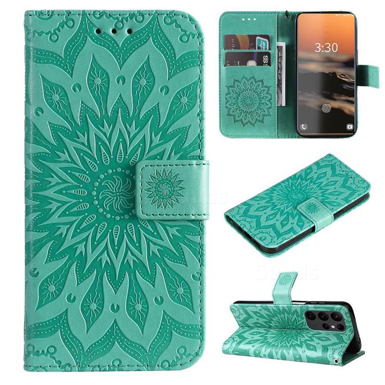 Embossing Sunflower Leather Wallet Case for Samsung Galaxy S23 Ultra - Green
