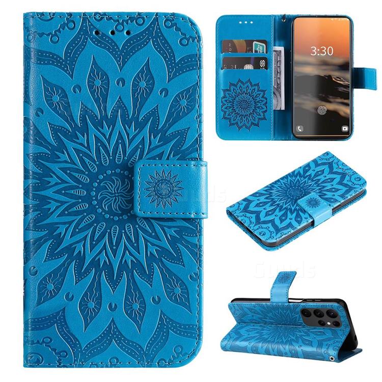 Embossing Sunflower Leather Wallet Case for Samsung Galaxy S23 Ultra - Blue